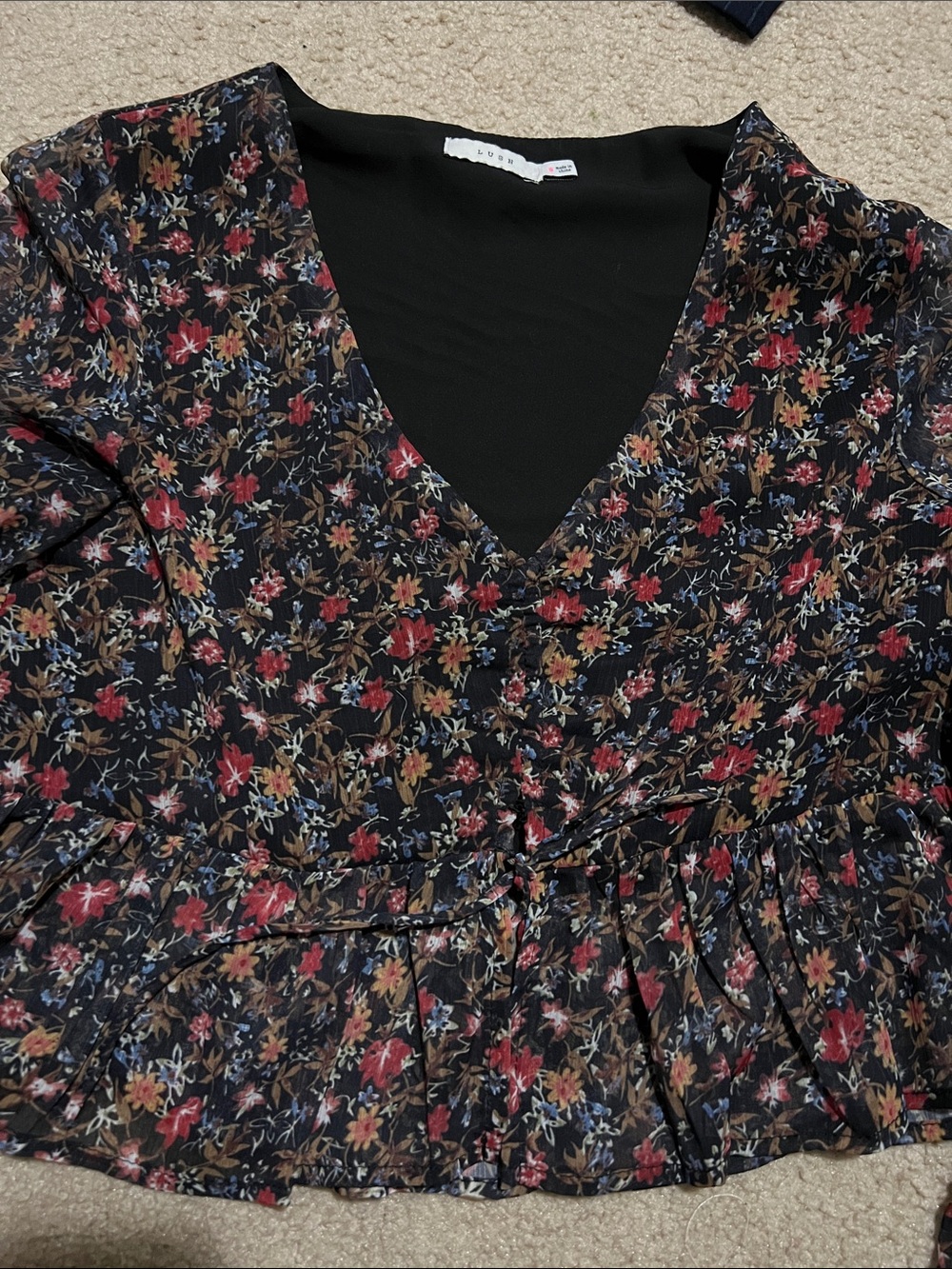 Floral V-Neck Peplum Women’s bell sleeve blouse - Black with Red & Gold Flowers